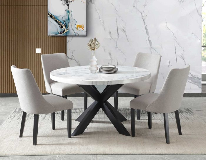 Xena 52-inch Round 5-Piece White Marble Dining Set (Table & 4 Side Chairs)