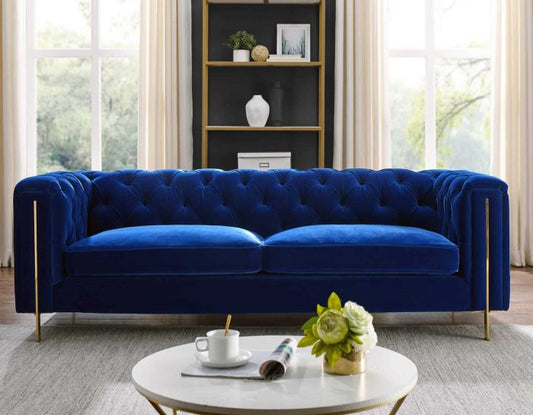 Charlene Blue Velvet Button Tufted Rolled Arm Chesterfield