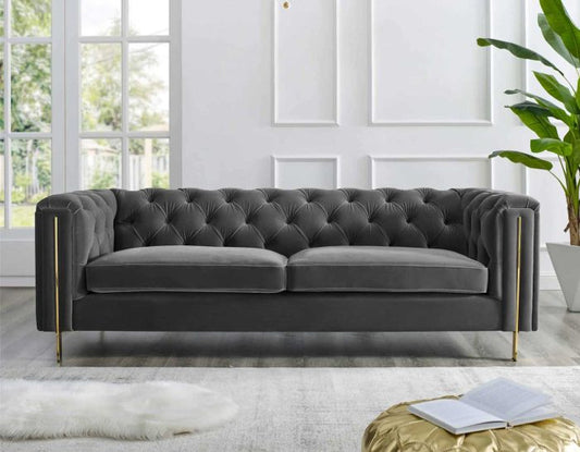 Charlene Gray Velvet Button Tufted Rolled Arm Chesterfield