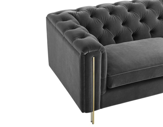 Charlene Gray Velvet Button Tufted Rolled Arm Chesterfield